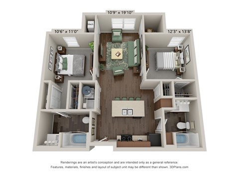 Floor plan for 2 beds, 2 baths, 867 sqft